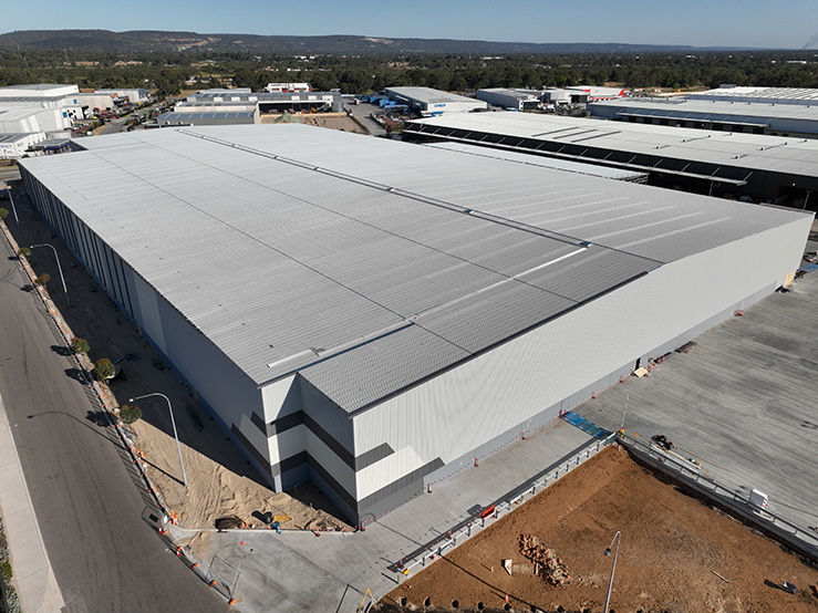 Silk K2 Distribution Centre, Roe Highway Logistics Park, Kenwick, Perth, Western Australia, Design & Construct Project, Capstone Construction, Warehouse, Office, Loading Dock, Carpark, Super Canopy, Aerial, Development, Sustainability Page, Project Page